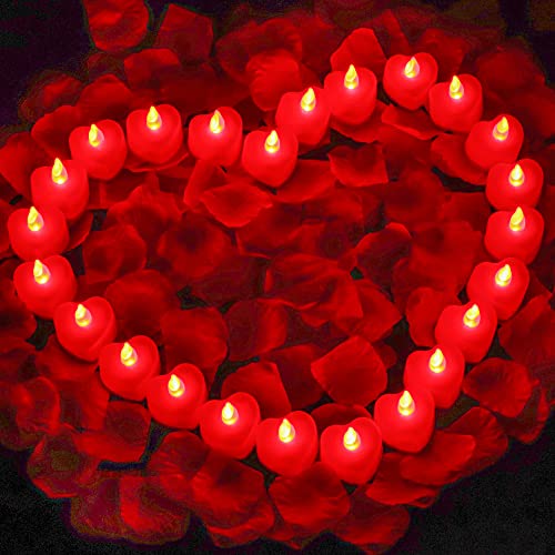 BLOCE 24Pcs Heart Battery Tea Lights LED Tealight Candles with 1000 Pieces Artificial Rose Petals for Romantic Night for Him Set Valentines Day (Red)